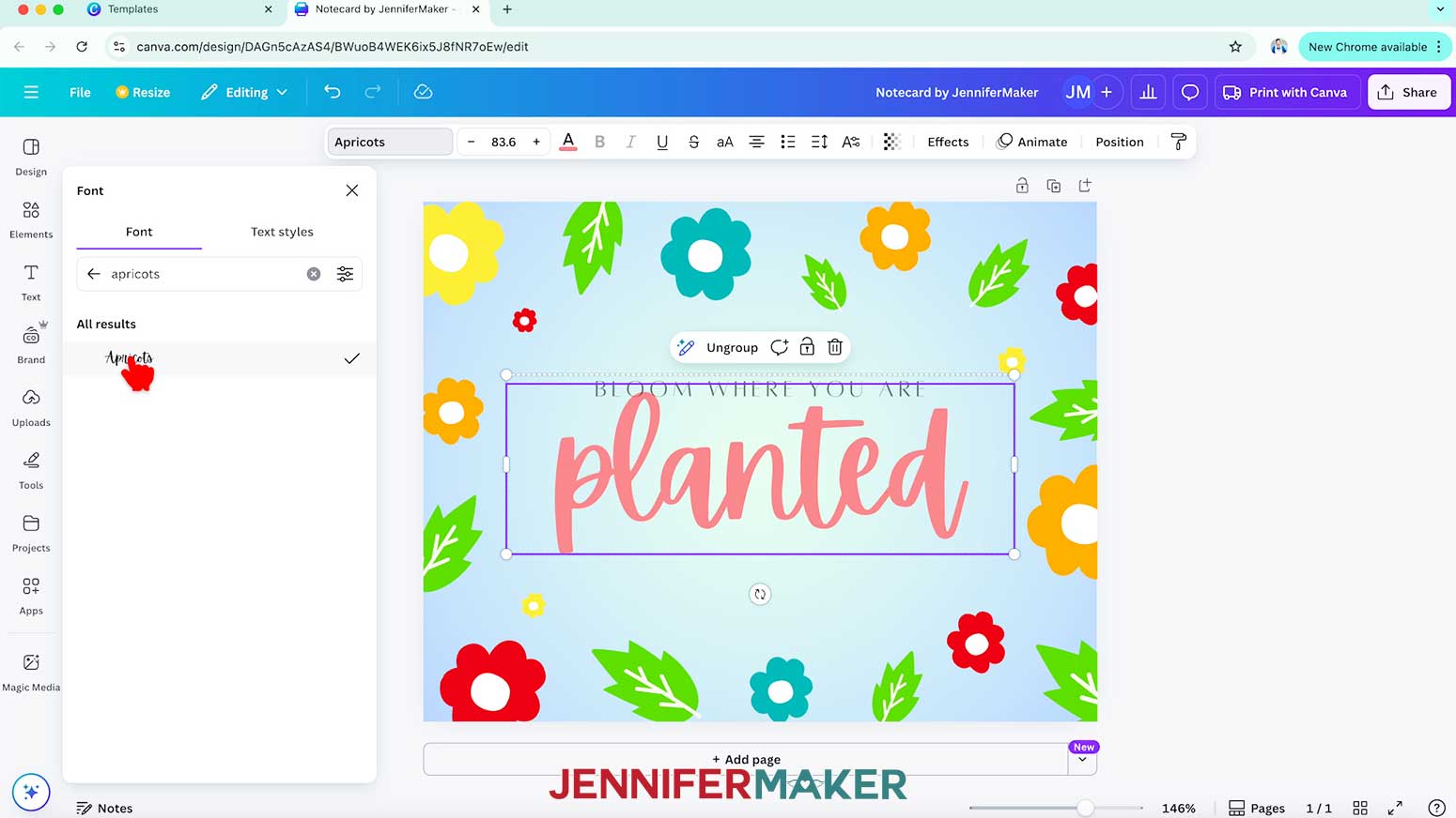 Change the text and adjust the font to the script font named "Apricots."