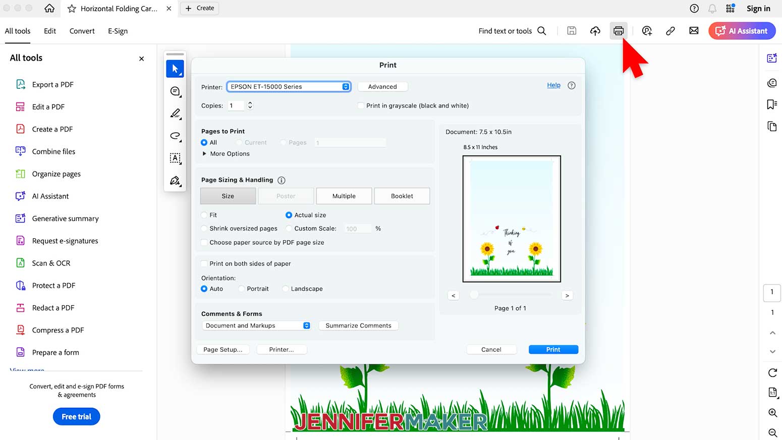 Click on the printer icon to open the Print menu in Adobe.