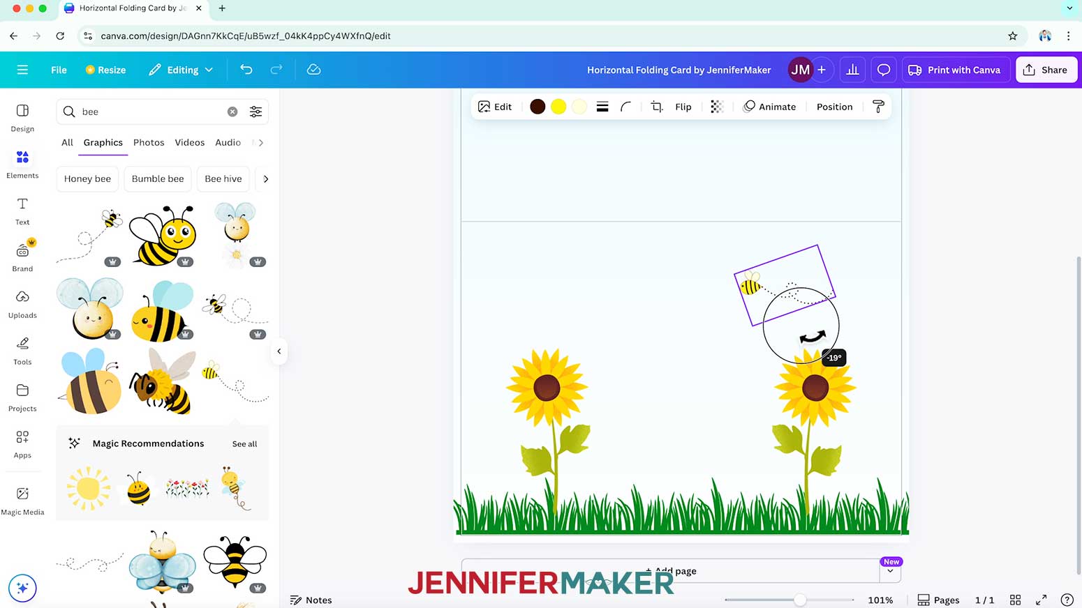 Add a flying bee element and rotate it so it appears to fly over the sunflower.