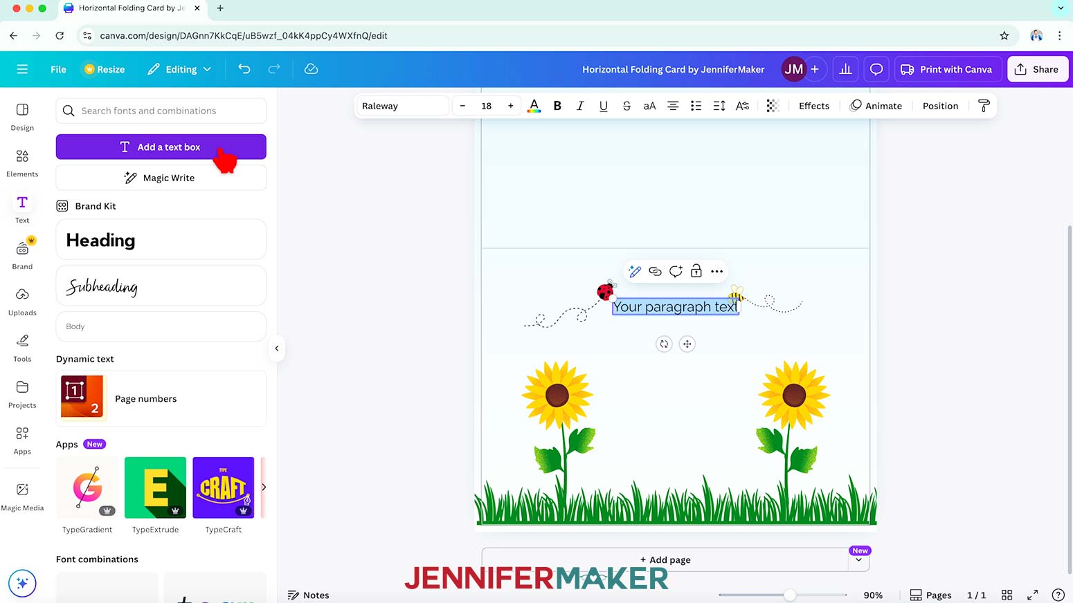 Click the Text icon and select "Add a text box" to add a phrase to the card.