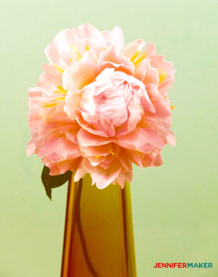 Make crepe paper peony flowers that look real like this pale pink peony in an amber vase