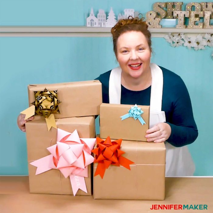 Jennifer Maker and her pretty paper gift bows on packages