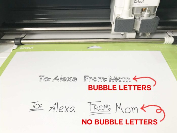 A bubble letter font and a handwriting font made by a Cricut pen in preparing Cricut gift tags