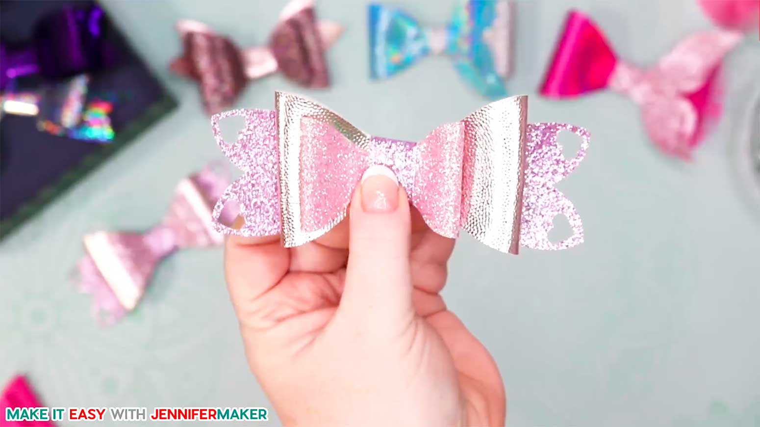 A glitter faux leather heart design on a bow to make hair bows pretty!