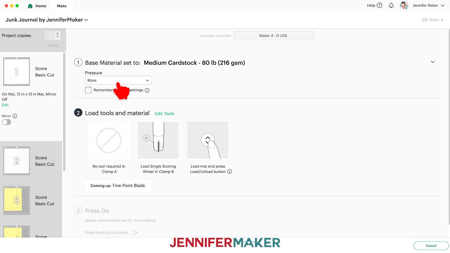 Choose More Pressure for each of the Junk Journal cut settings.