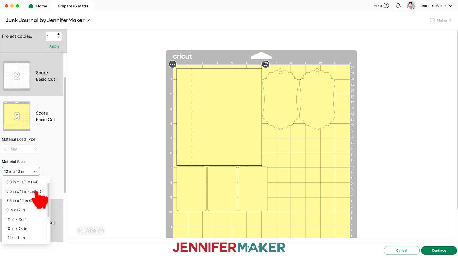 Select the proper Material Size for each machine mat for the Junk Journal.