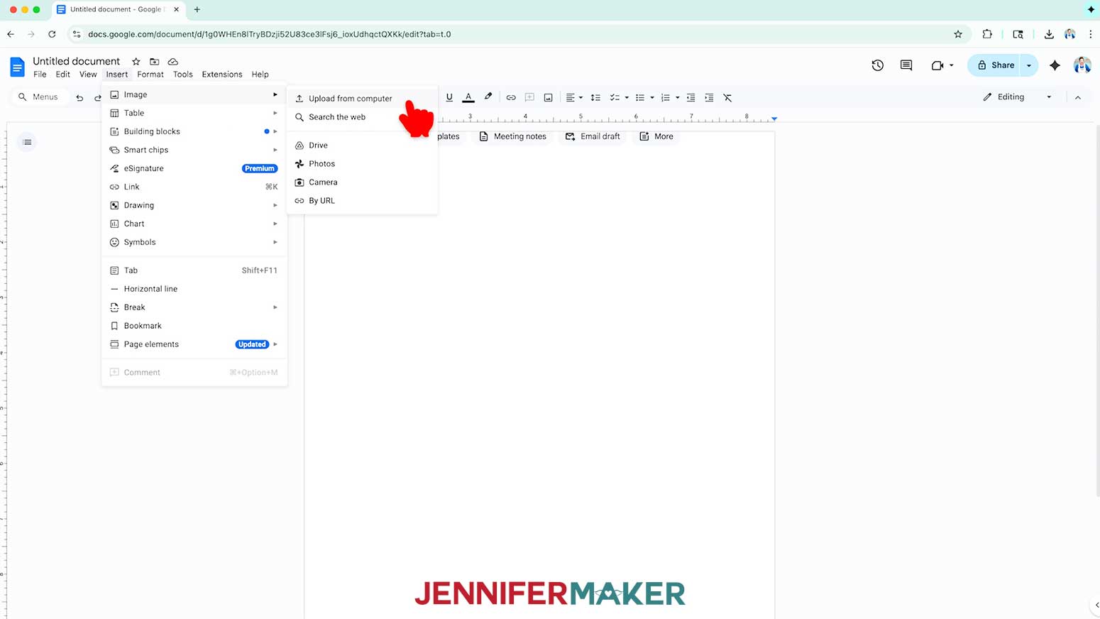 Select Insert, then Upload From Computer to add images to the Junk Journal document page.