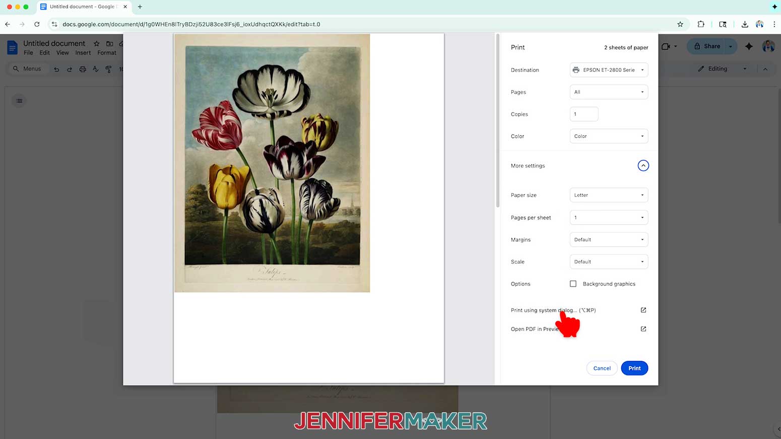 Click Print Using System Dialogue to see more print options for the Junk Journal documents.
