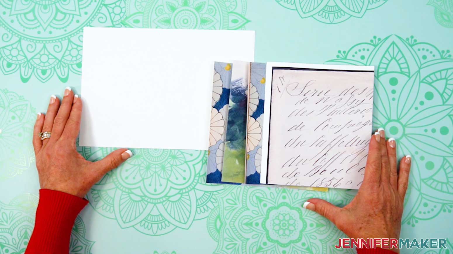 The pieces needed of the Junk Journal are spread out on the work surface and ready to assemble.