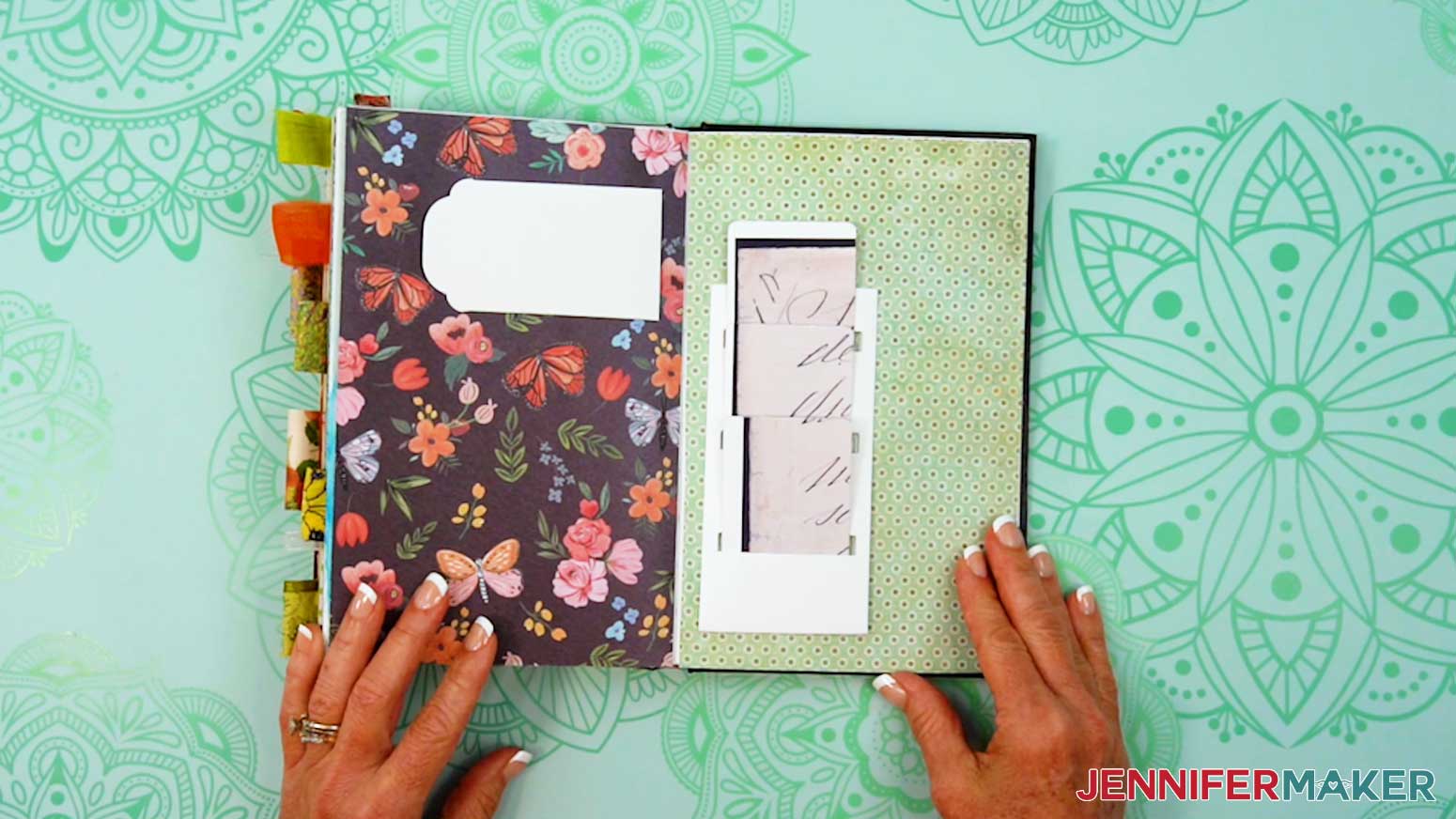The pockets for the Junk Journal are mounted in place and filled with paper pieces.