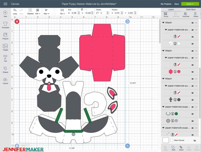 Preparing the cut files in Cricut Design Space to make paper dog boxes