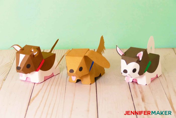 Make paper dog & puppy boxes in all different kinds of breeds -- shown here is the Border Collie, Golden Retriever, and Alaskan Malamute