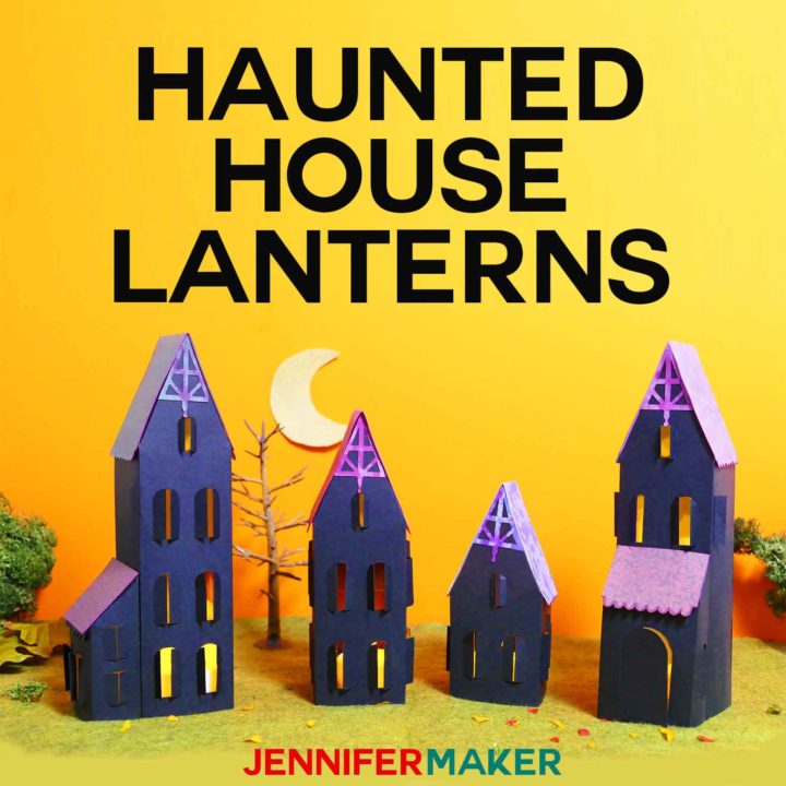 Make Paper Haunted House Lanterns with this free pattern and tutorial #halloween #papercraft #cricut #cricutexplore #crafts #spooky #halloweendecor
