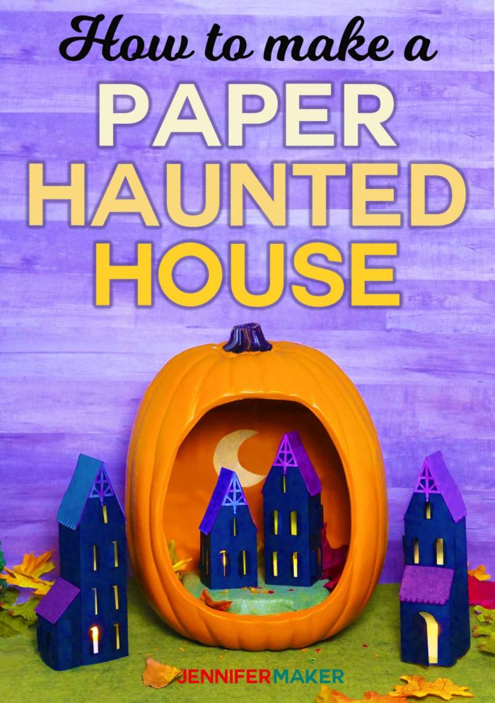 Make Paper Haunted House Lanterns with this free pattern and tutorial #halloween #papercraft #cricut #cricutexplore #crafts #spooky #halloweendecor