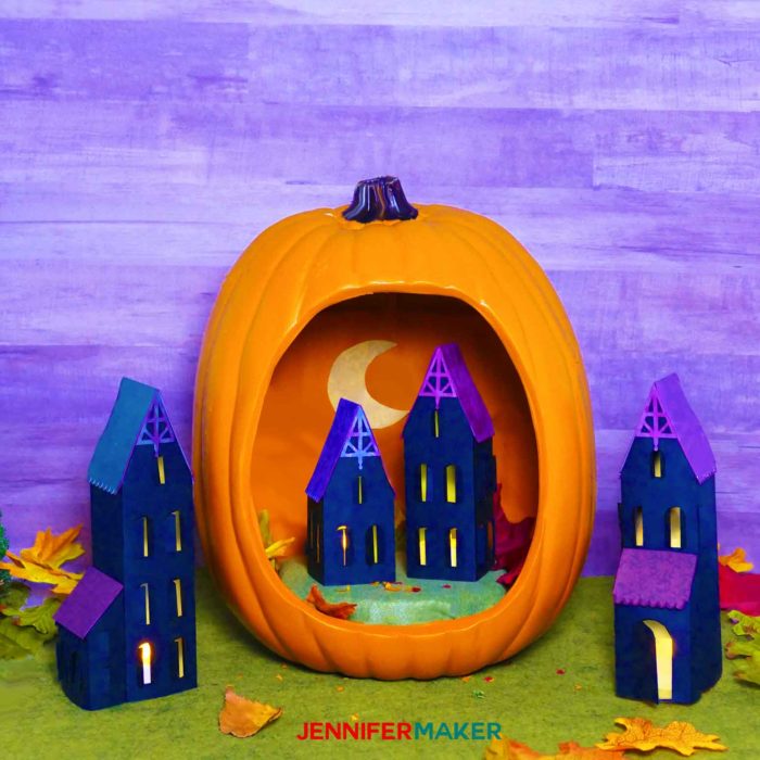 Make Paper Haunted House Lanterns with this free pattern and tutorial #halloween #papercraft #cricut #cricutexplore #crafts #spooky #halloweendecor