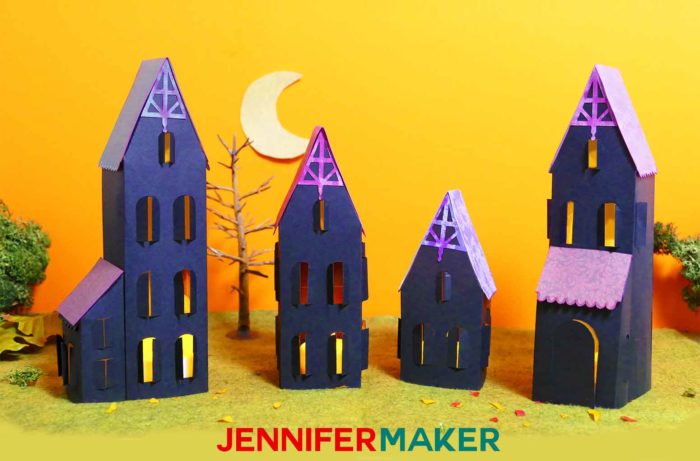 Make Paper Haunted House Lanterns with this free pattern and tutorial #halloween #papercraft #cricut #cricutexplore #crafts #spooky #halloweendecor