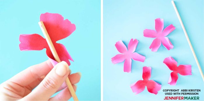 Curl the paper petals to make paper poppies