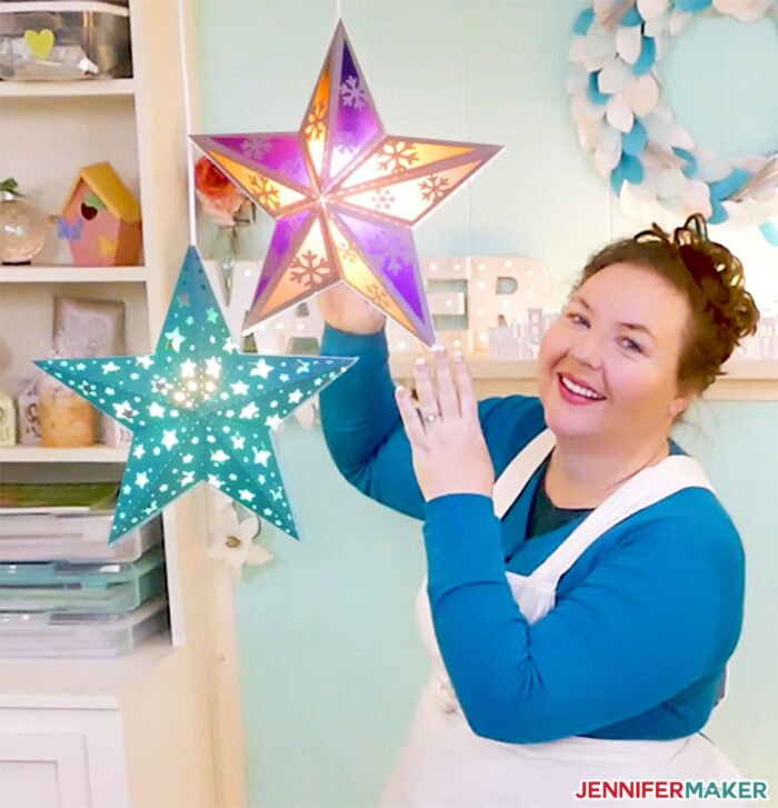 Jennifer hanging her paper star lanterns