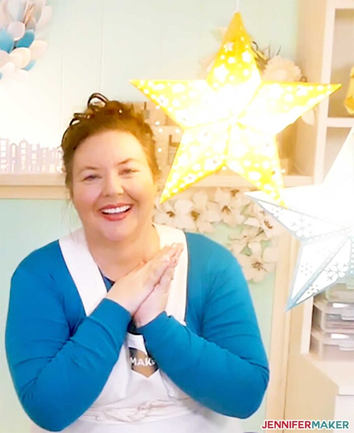 Jennifer hanging her paper star lanterns