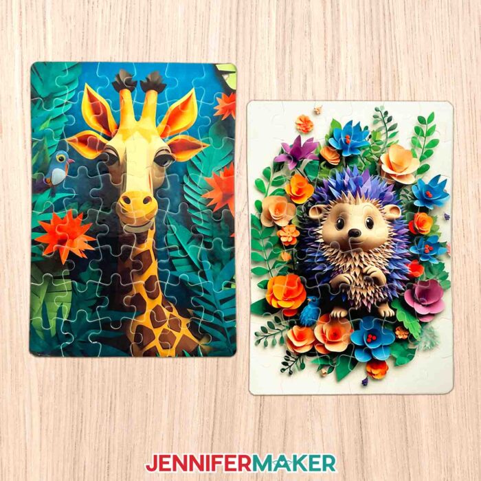 Colorful picture puzzles featuring a giraffe and hedgehog.