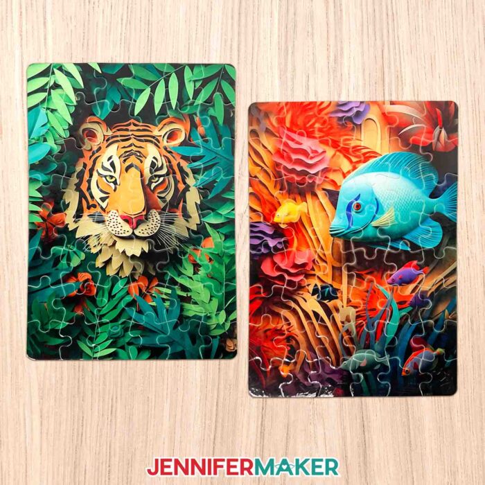 Colorful picture puzzles featuring a tiger and tropical fish.