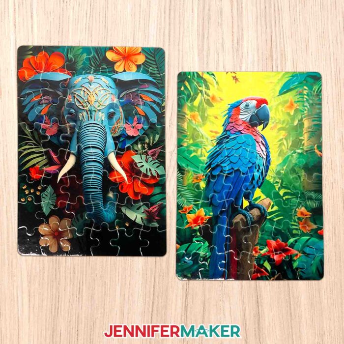 Colorful picture puzzles featuring an elephant and parrot.
