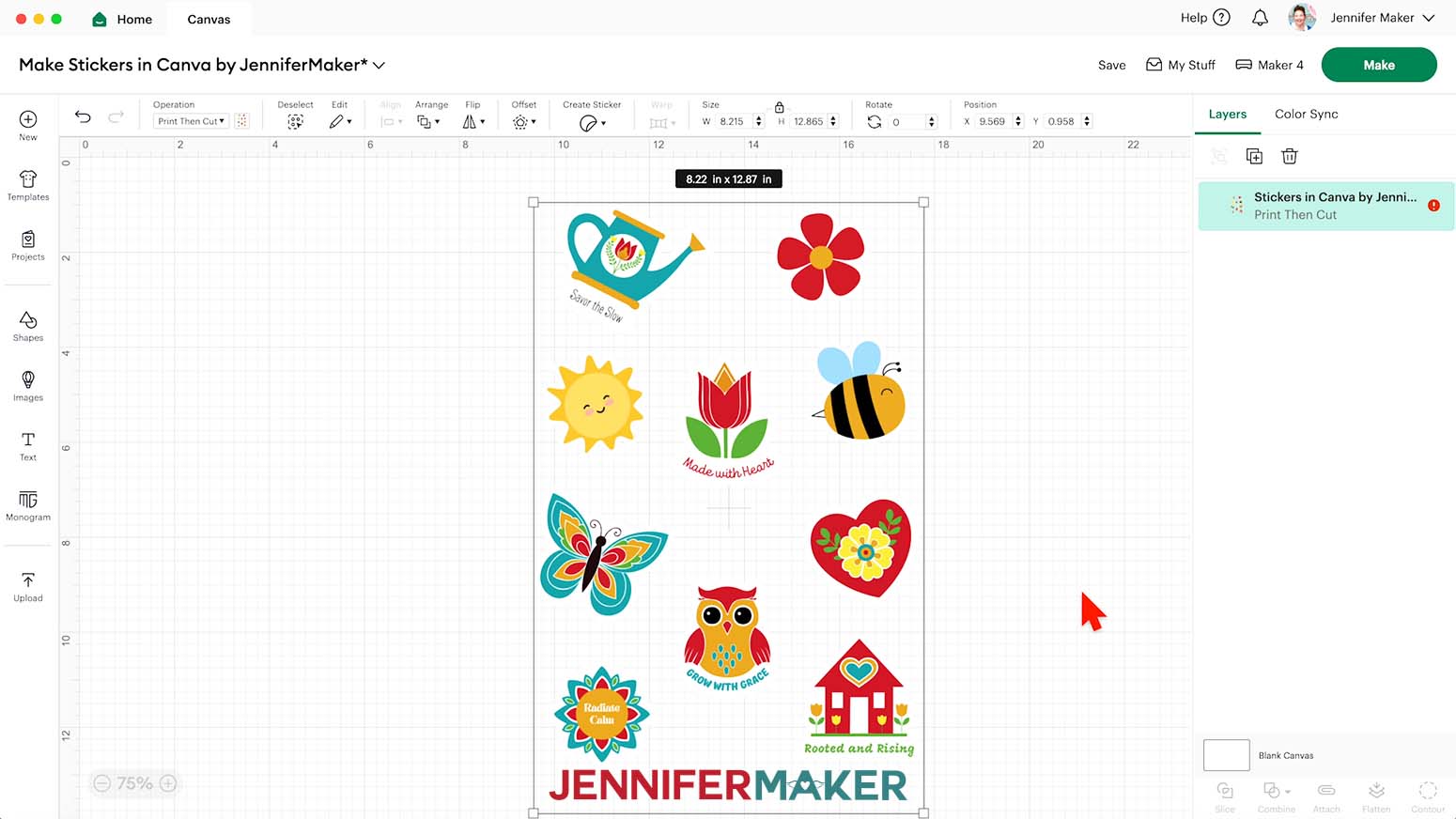 The sticker sheet design is on the Design Space canvas with the dimensions visible.