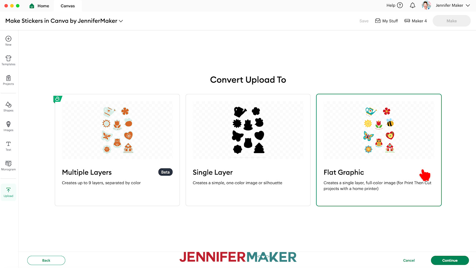 The Design Space Convert Upload to menu is open with three options. The cursor hovers over the Flat Graphic option.