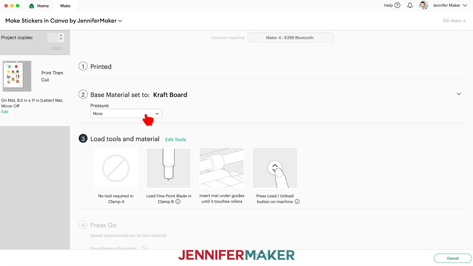 Design Space is open to the Make tab and the Kraft board + more pressure is selected.