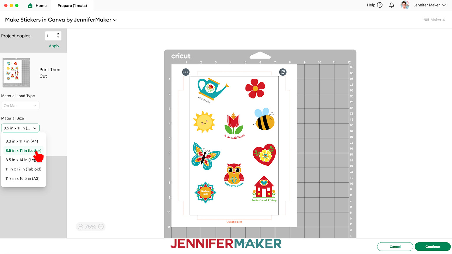 Design Space shows the Prepare screen and the hand cursor hovers over the 8.5" x 11" material size.