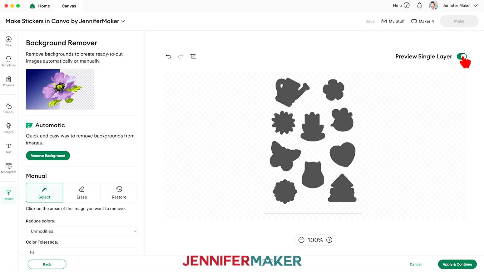 Design Space is open and the hand cursor is hovering over Preview Single Layer. The stickers are grey on the screen.