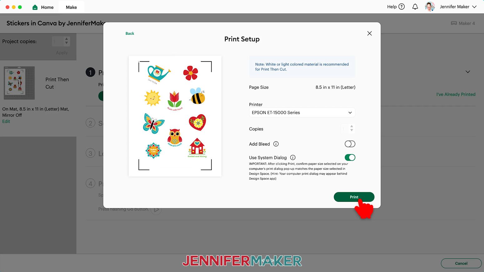 In Design Space the Print Setup menu is open and the hand cursor hovers over the Print button.