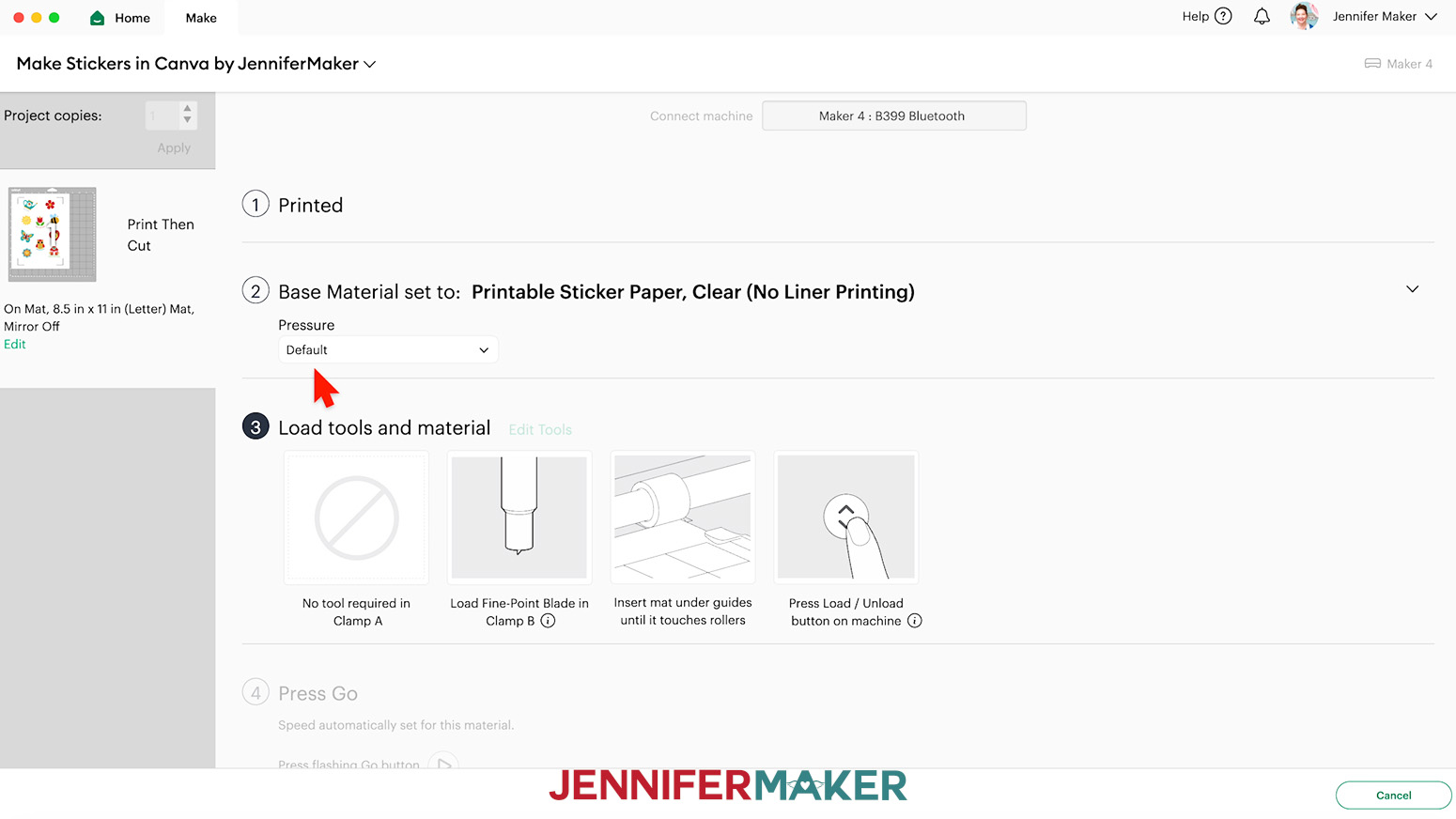 Design Space is open to the Make tab and Printeable Sticker paper is chosen. The cursor hovers over the default setting.