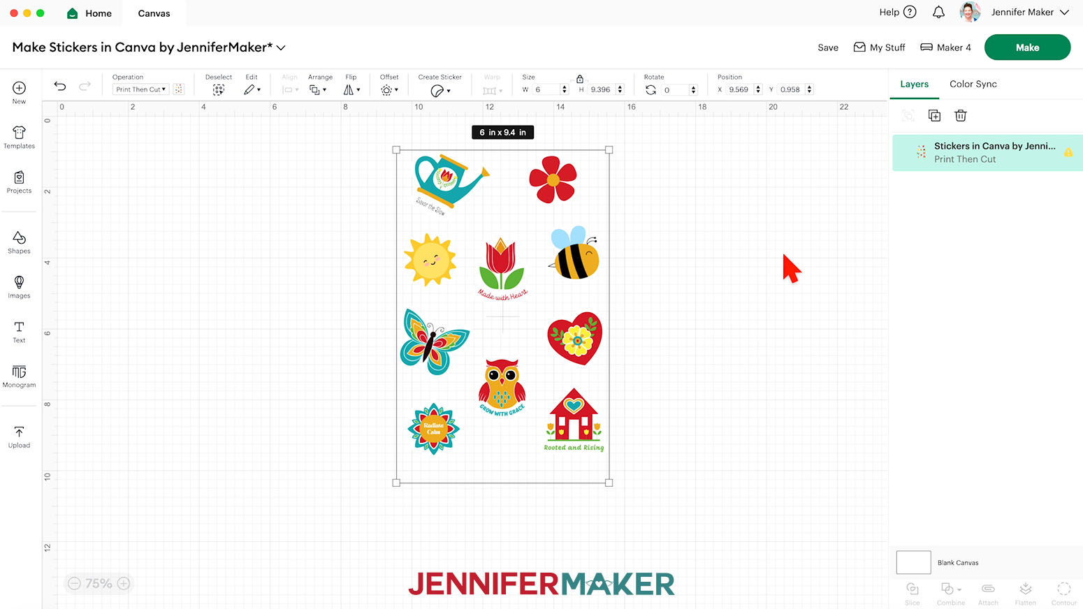 The final stickers are on the Design Space Canvas with measurements of the size of the sheet visible.
