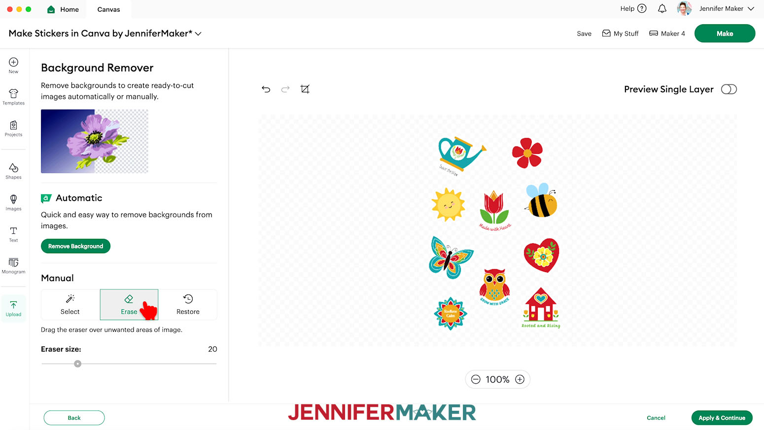 Colorful stickers are on the page and the hand cursor hovers over the Erase button in the Background Remover Manual option in Design Space.