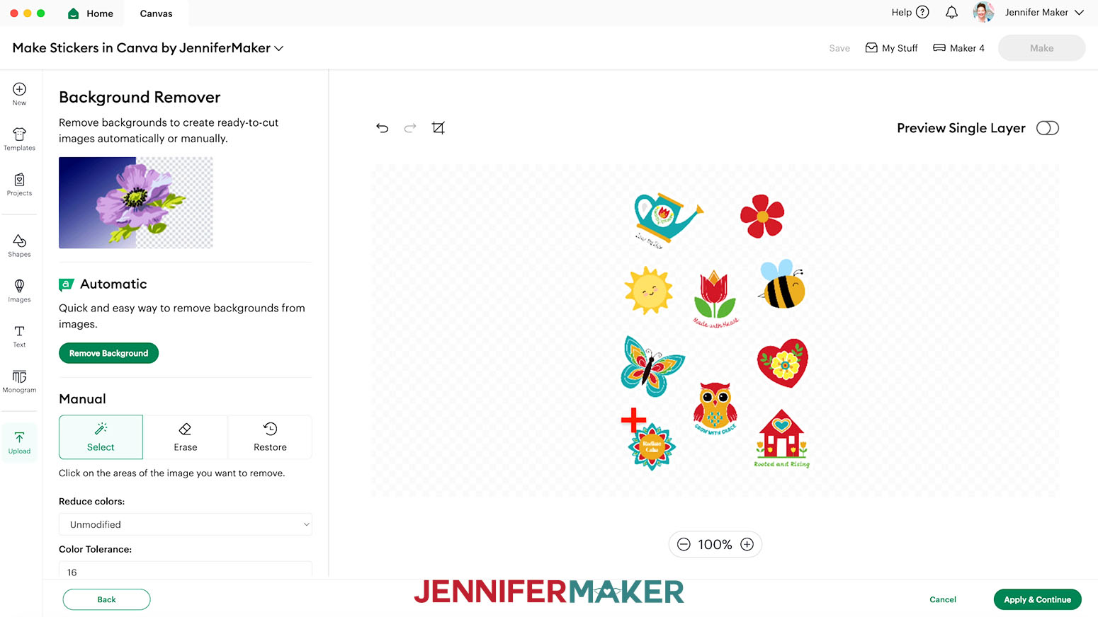 The Design Space Background Remover menu is open. The Manual select button is highlighted and a red plus sign cursor shows on the screen