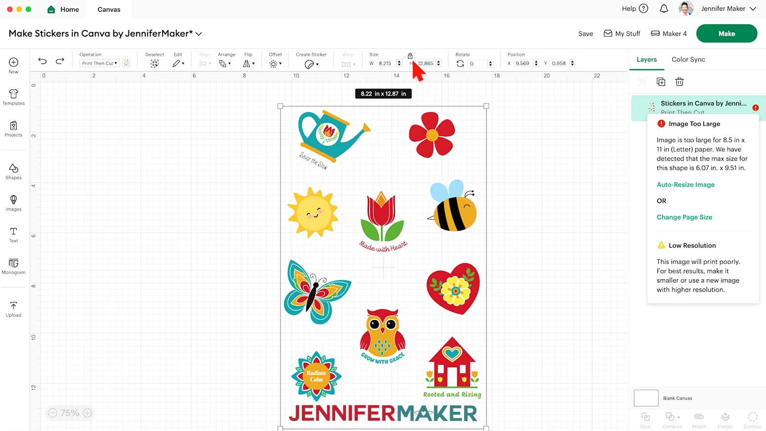 The sticker sheet from Canva is open on the Design Space Canvas and the arrow cursor hovers over the height are of the size menu.