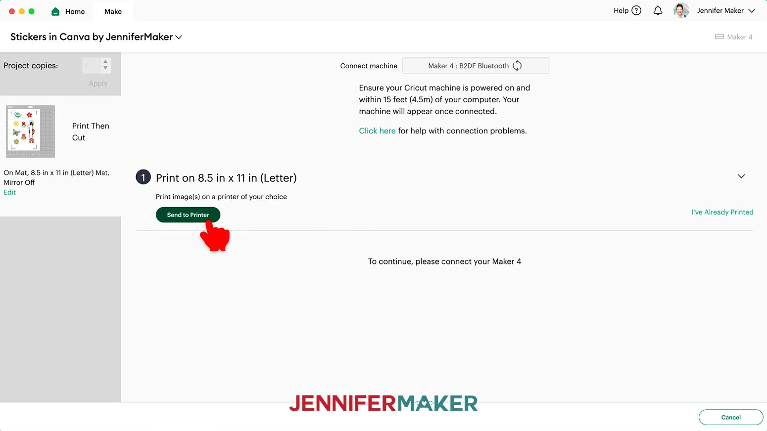 Design Space is open to the Make section and the hand cursor hovers over the send to printer button.