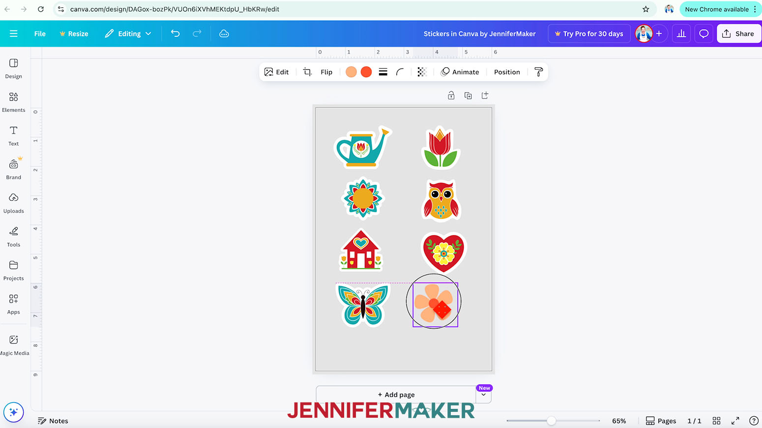 Sticker page open in Canva shows a circle around a flower shape that has been added to the sheet of stickers in Canva.