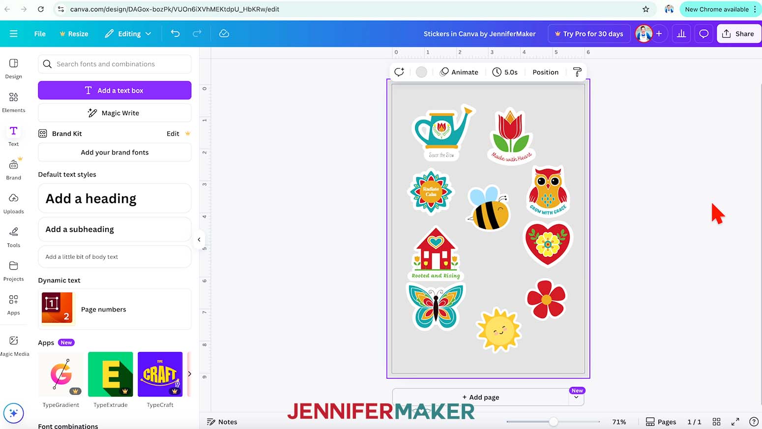 All the stickers for the Canva sticker project are on the canvas and four of them have text added to them.