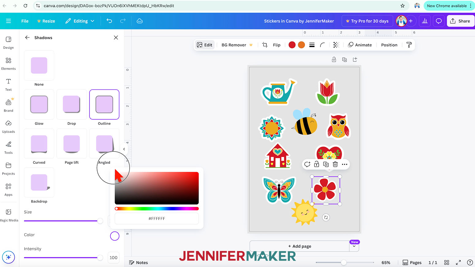 The arrow cursor is hoving in the top left corner of the color picker spectrum menu.