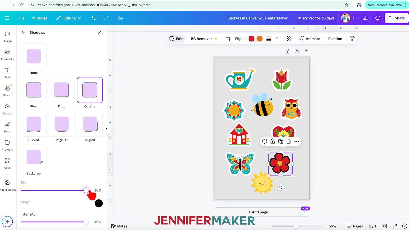 The flower sticker is selected in Canva. The outline effect is selected and the hand cursor has dragged the size slider to 100.