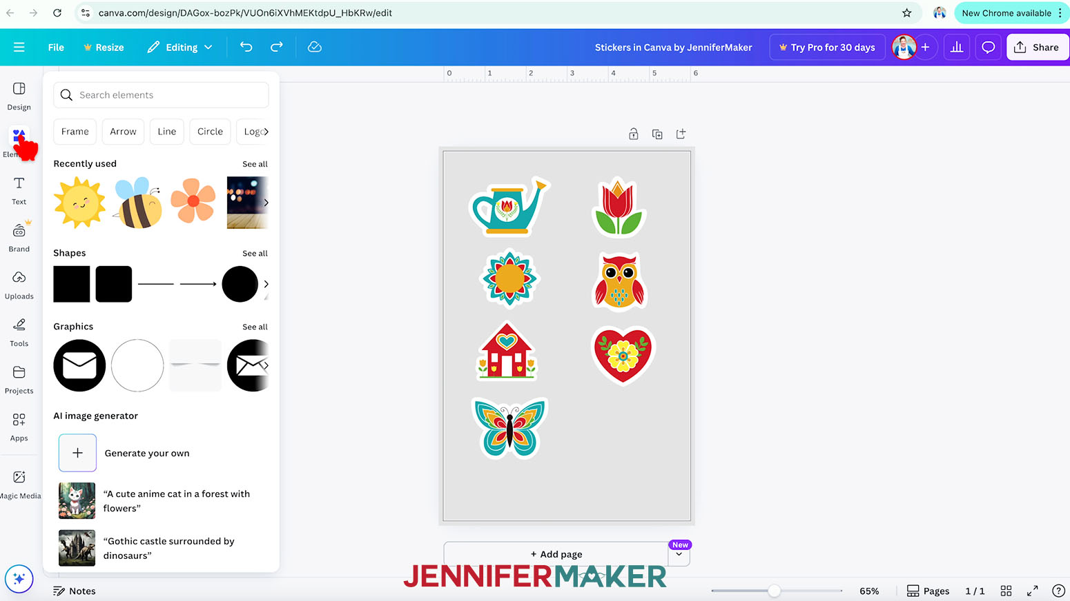 Canva is open and the stickers are on the grey background. The hand cursor hovers over the elements button in the Canva side menu.