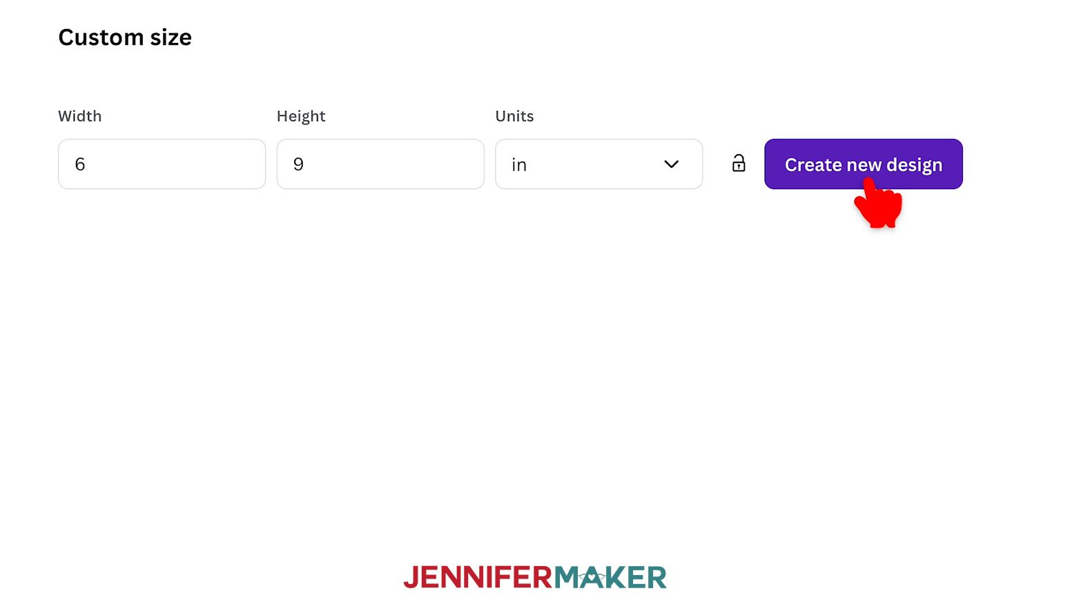 The Custom Size screen is open in Canva and the units have been changed to inches. The width shows 6 and the height shows 9.
