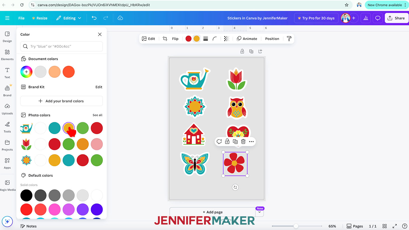 Canva is open and a flower is selected, the hand cursor hovers over the yellow swatch in photo colors.