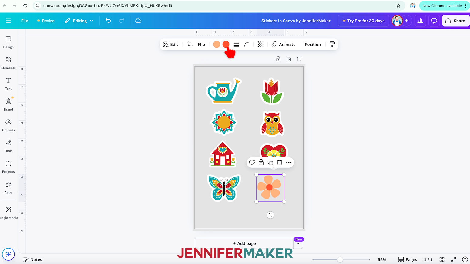 The flower is selected and the hand cursor hovers over the swatches in the top floating Canva menu.
