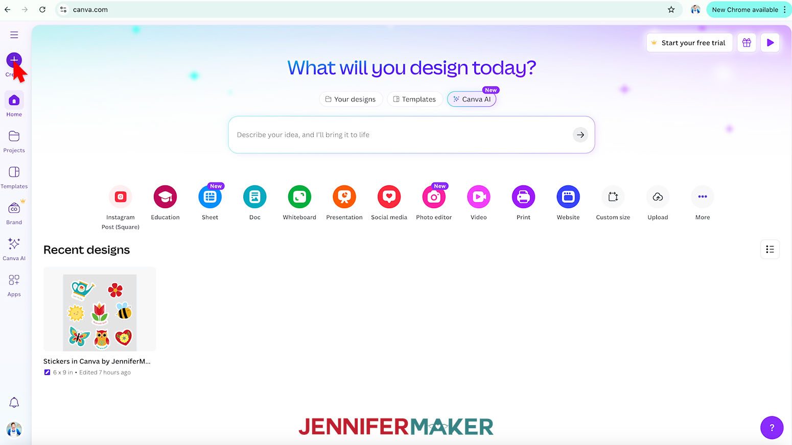 Cursor arrow hovers of a plus button on the home page of Canva.