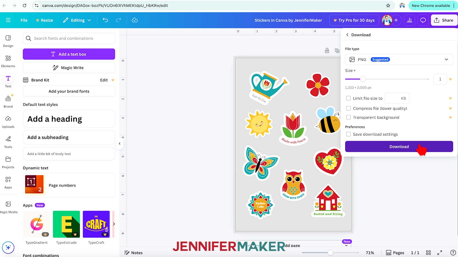 In Canva, the sticker sheet is open and the download drop down menu is open. The cursor hovers over the purple download button.