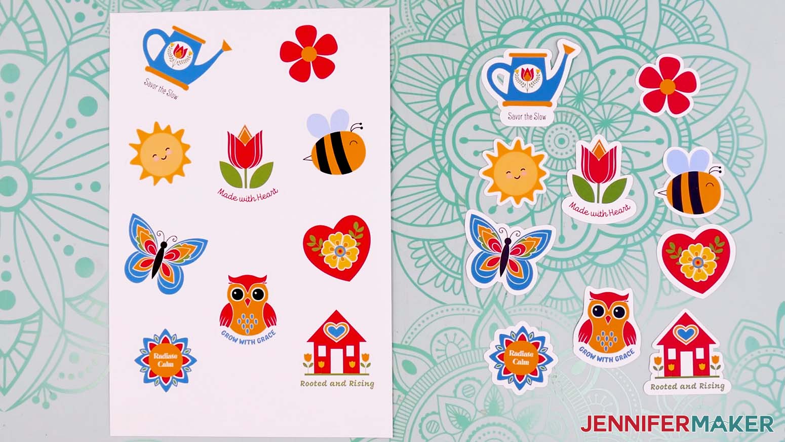 The sticker sheet made in canva and cut with the Cricut is on top of a table with die cut stickers on the other side of the sheet.