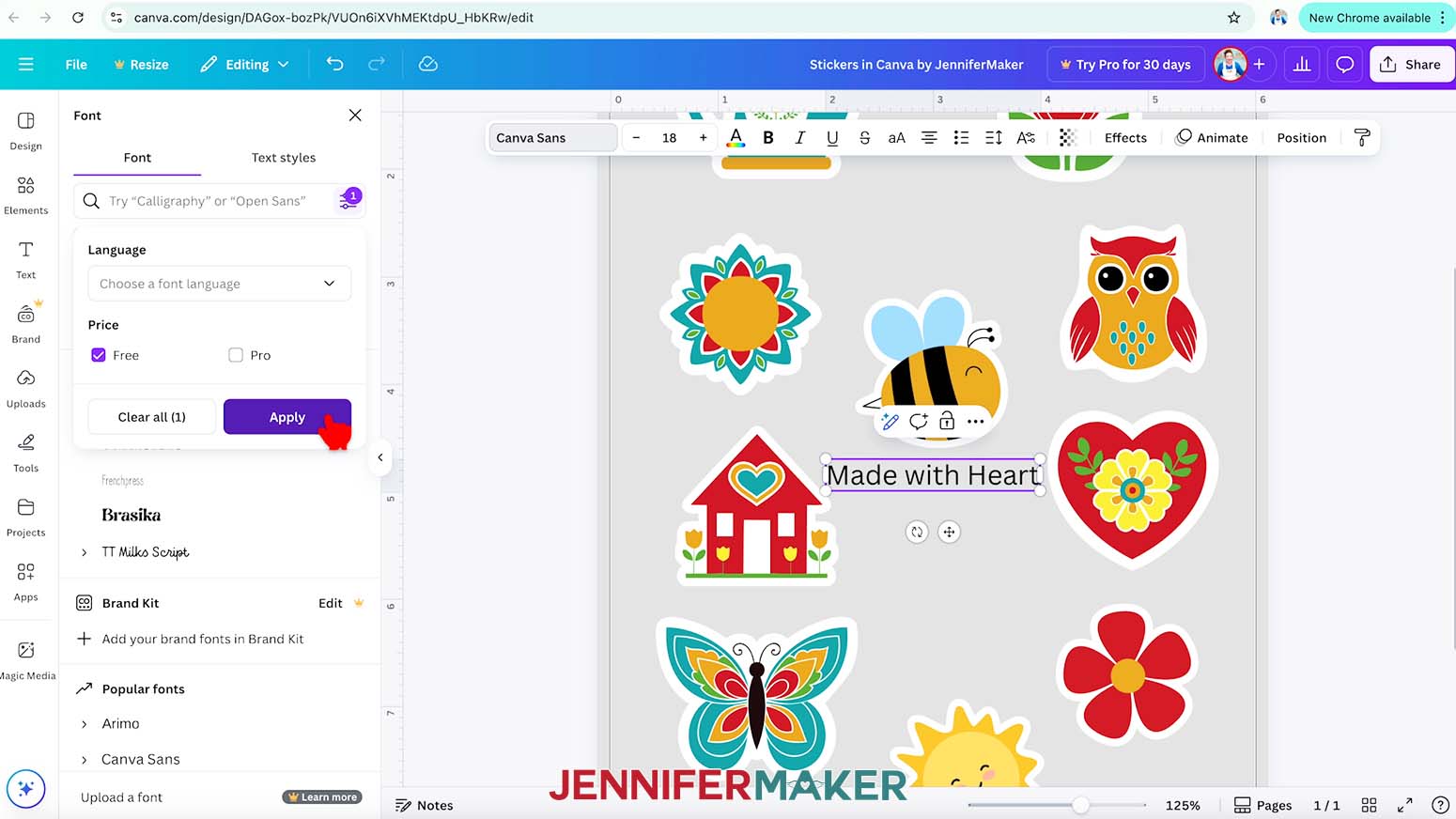 The Canva font panel is open, the filter is expanded, the free box is checked and the cursor is hovering over Apply.